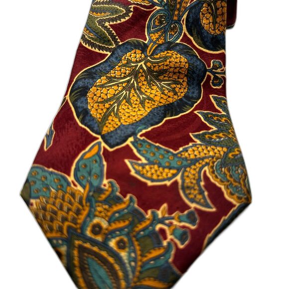 Villa Bugatti All Silk Tie - Maroon with Green and Gold Botanical Leaves - Picture 2 of 4